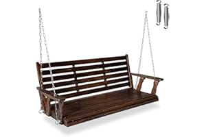MEGA CASA Wooden Porch Swing, Ergonomic Seat, Bench Swing with Hanging Chains and 7mm Springs, Heavy Duty 880 LBS, for Outdoor Patio Garden Yard (Dark Brown, 3-Seater Extra Large)