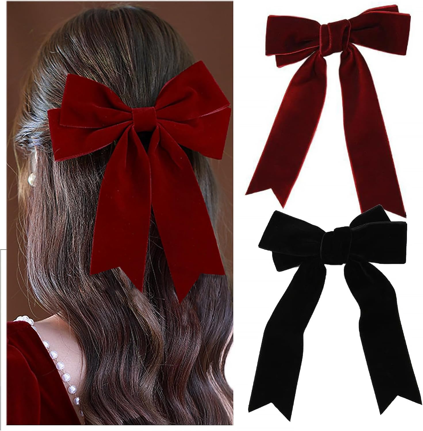 2 Pcs Velvet Hair Bow Clip, Solid Color Bowknot Hairpins, French Bowknot Hair Bows with Long Ribbon, Vintage Large Satin Ribbon Velvet Barrettes Black & Red Bow Hairpin