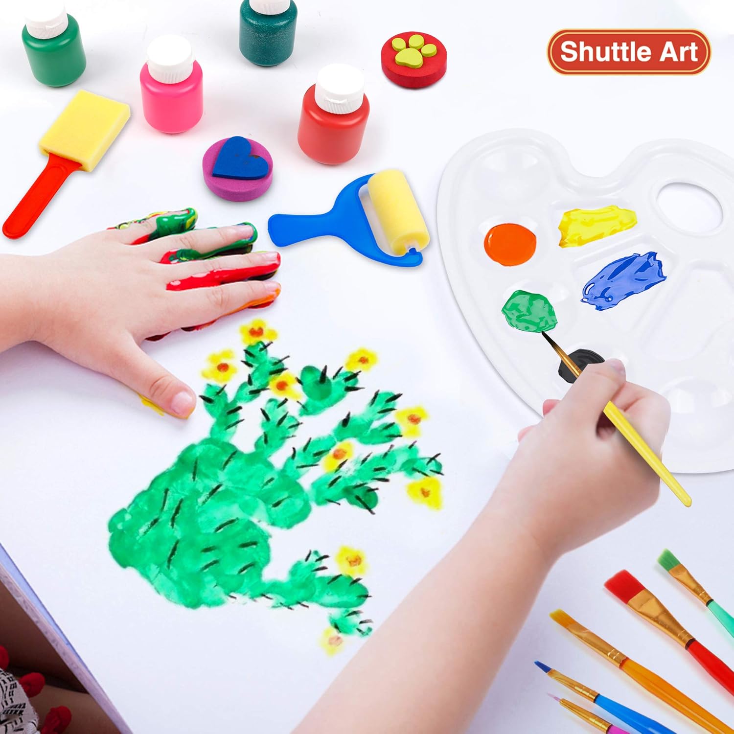 Washable Finger Paint Set, Shuttle Art 46 Pack Kids Paint Set with 14 Colors(60ml) Finger Paints, Brushes, Finger Paint Pad, Sponge, Palette, Smock, NonToxic for Toddlers Home Activity Early Education: Toys & Games