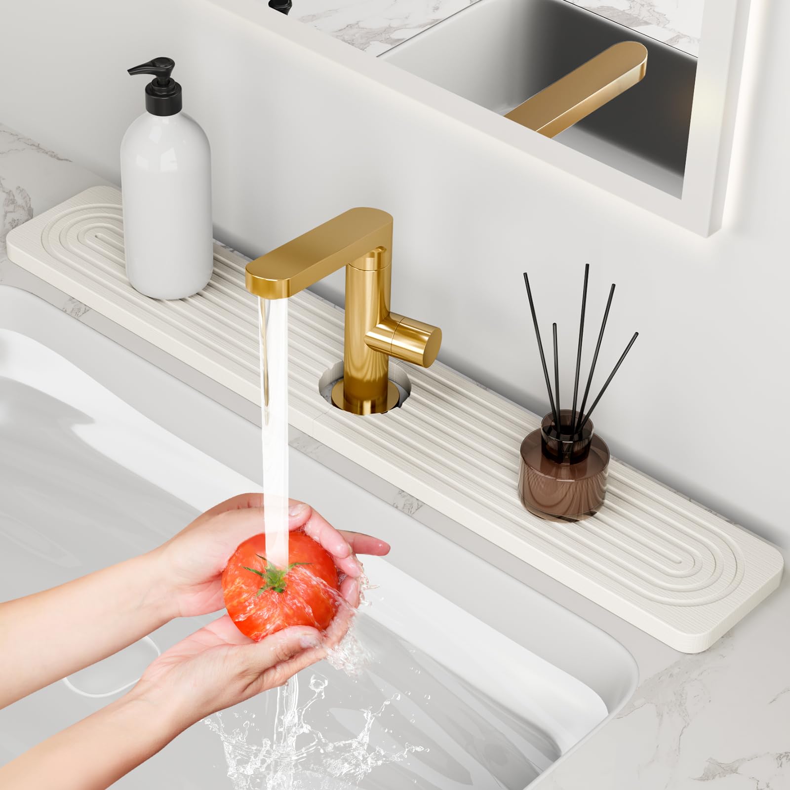 Photo 1 of 24'' Longer Faucet Mat for Kitchen Sink [Diatomite Stone Super Fast Drying] Stone Faucet Mat for Kitchen Sink Splash Guard Sink Stone Quick Dry around Faucet Stone Drying Mat Bathroom Quick Drying Mat