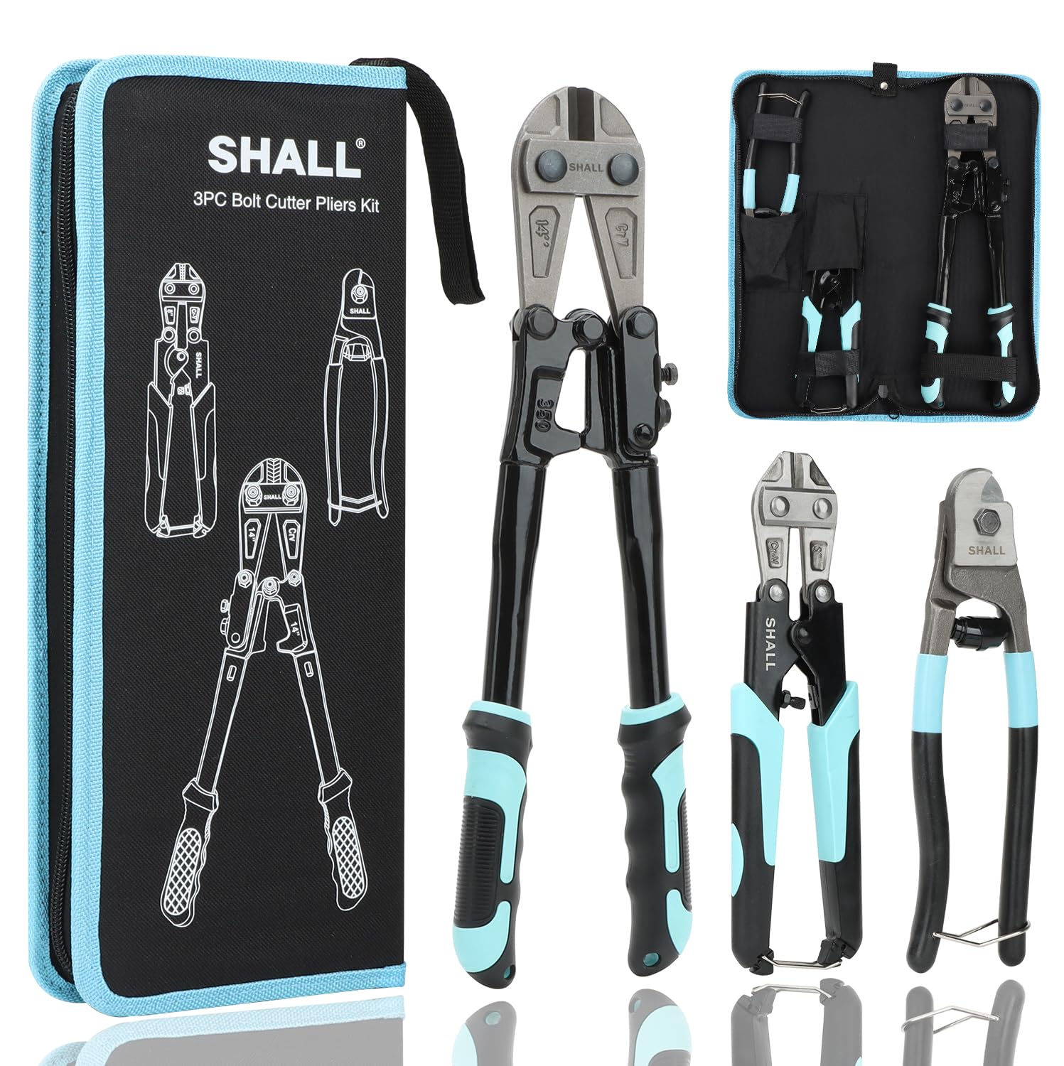 Photo 1 of SHALL 3-Piece Bolt Cutters, 14" Heavy Duty Bolt Cutter, 8" Mini Bolt Cutter, 8" Wire Rope Cutter, Ergonomic Handle, More Efficient Leverage for Cutting Locks, Chains, Iron Wire, Carrying Case Included