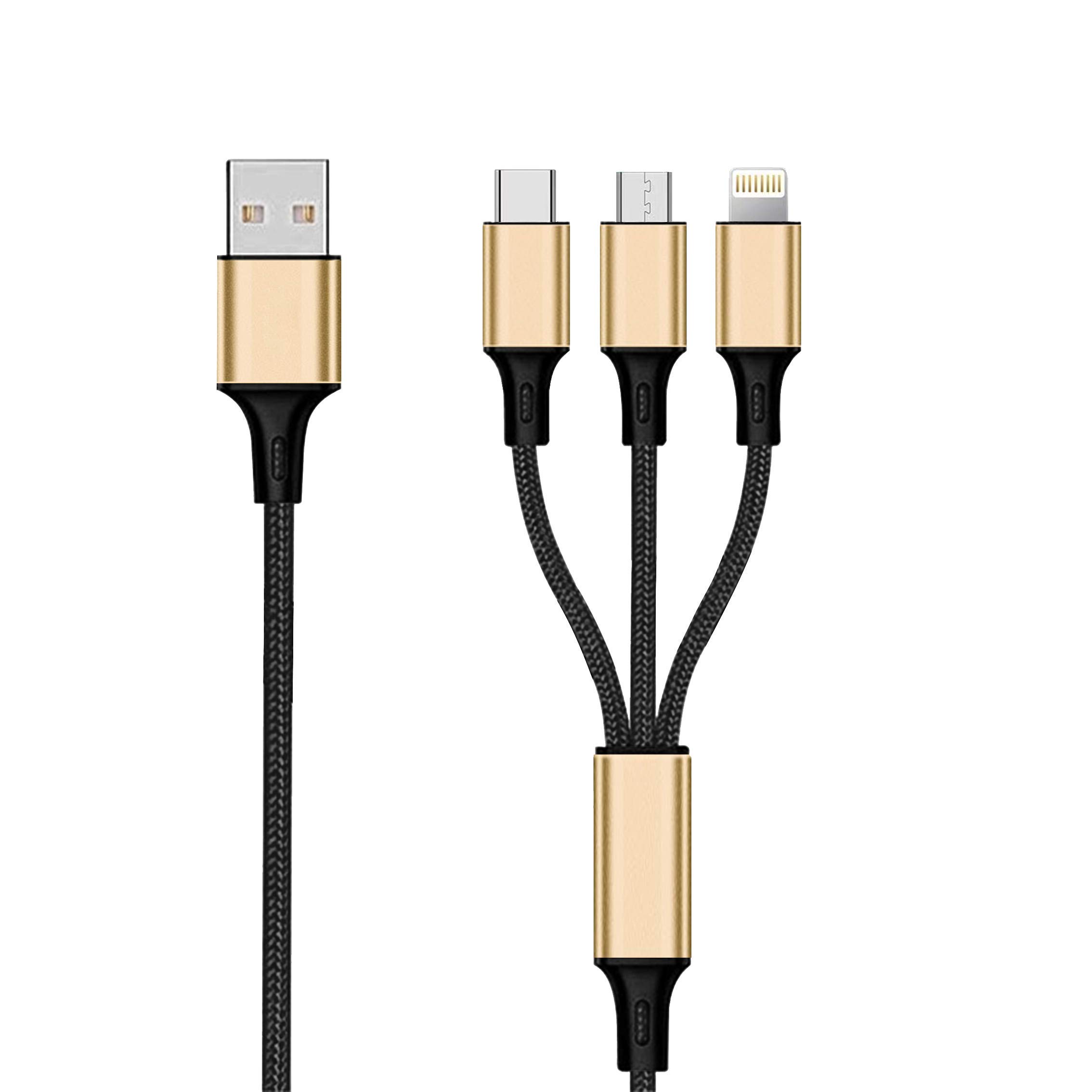 3 in 1 USB Charging Cable – Gold – 150 cm for Micro USB & Apple 8-Pin & USB Type-C