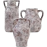 KensTro Ceramic Vase Set of 3, Handmade Rustic Farmhouse Vases with Handles, Glazed Interior, Aged Terracotta Finish, Boho Home Decor for Table, Shelf, Mantel, Flower Arrangement