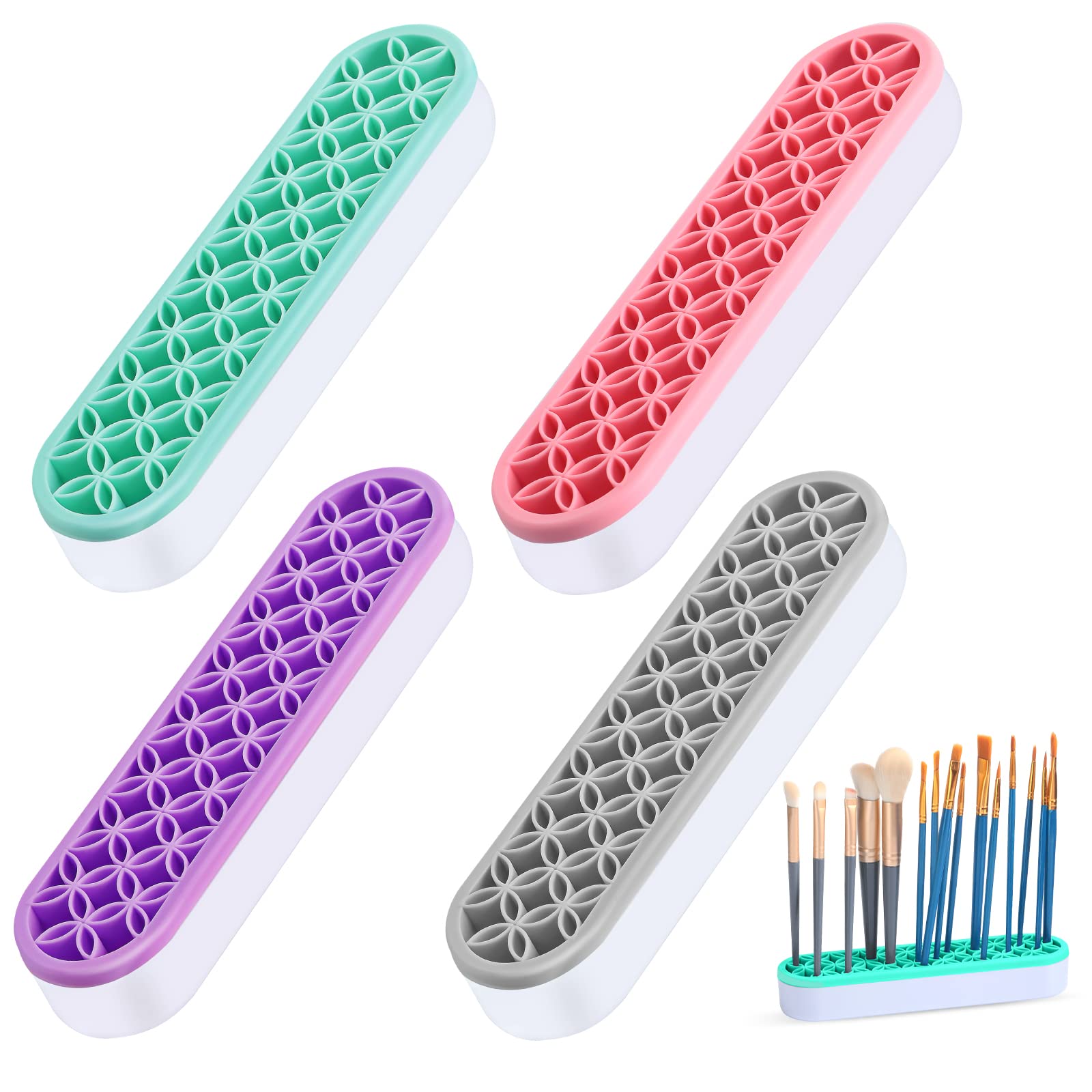 Photo 1 of Frienda 4 Pcs Silicone Makeup Brush Holder Stand Multipurpose Cosmetic Travel Storage Box Painting Pen Brush Organizer Desktop Makeup Brush Drying Rack for Brush, Eyeliner Pencil Art (Multicolored)