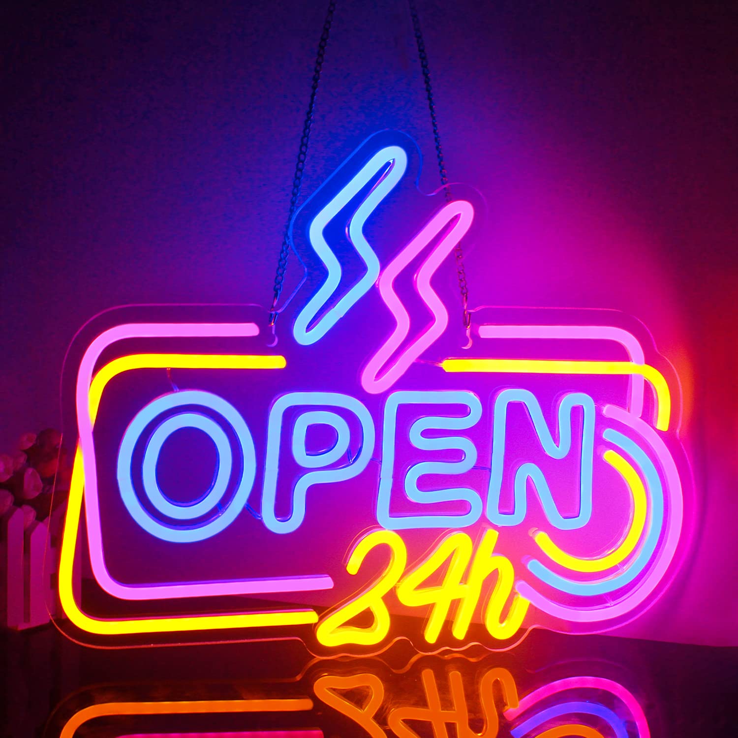 Looklight Open 24H Neon Sign Colorful LED Neon Signs for Wall Decor, Dimmable Open Neon Signs Neon Open Sign for Business Shop Window Door Bar Salon Coffee Stores Club Hotel