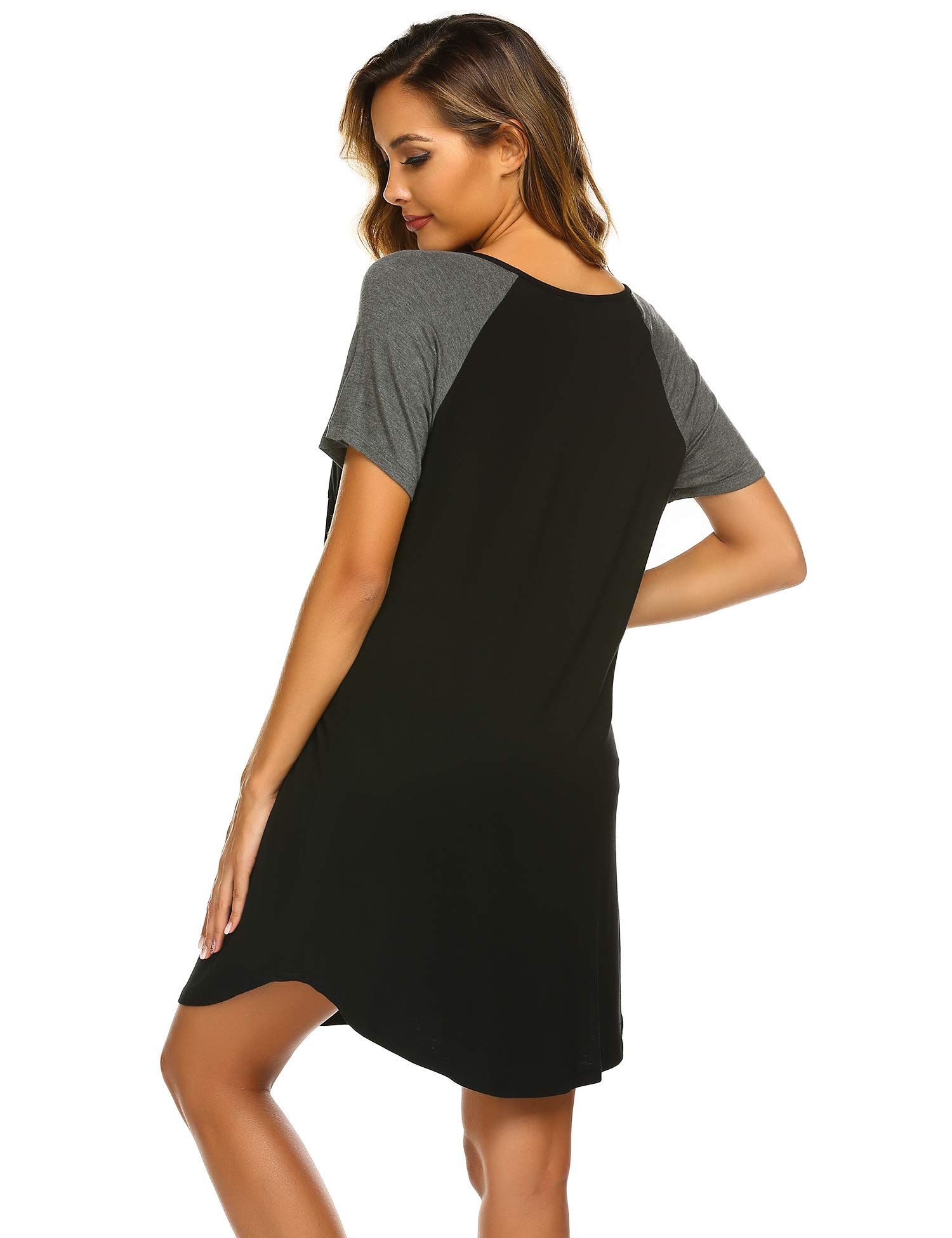Ekouaer Nightdress Women¡¯s V Neck Nightshirt Cotton Casual Sleepwear Short Sleeve Nightgown Black