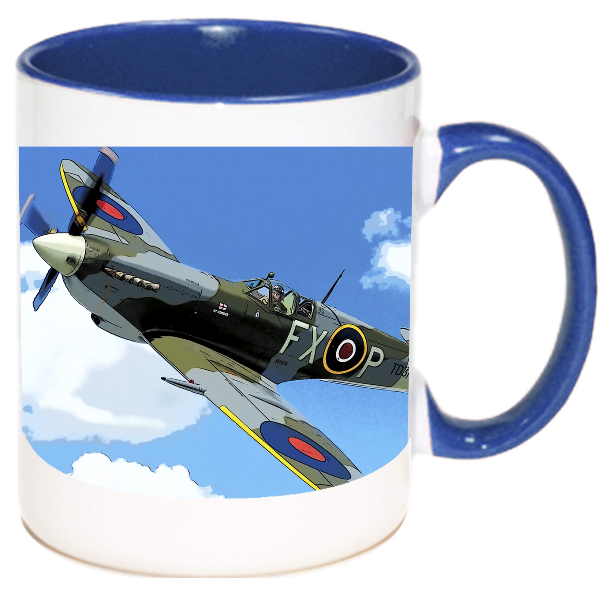 Spitfire Mug. Blue Inner and Blue Handle. 11oz Ceramic Gift Mug Featuring Colourful Image of The Spitfire Plane. Spitfire Coffee Mug, Spitfire Plane Gift