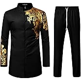 LucMatton Men's 2 Piece Outfits Long Sleeve Button Down African Dashiki Shirts and Pants Set Traditional Ethnic Suits