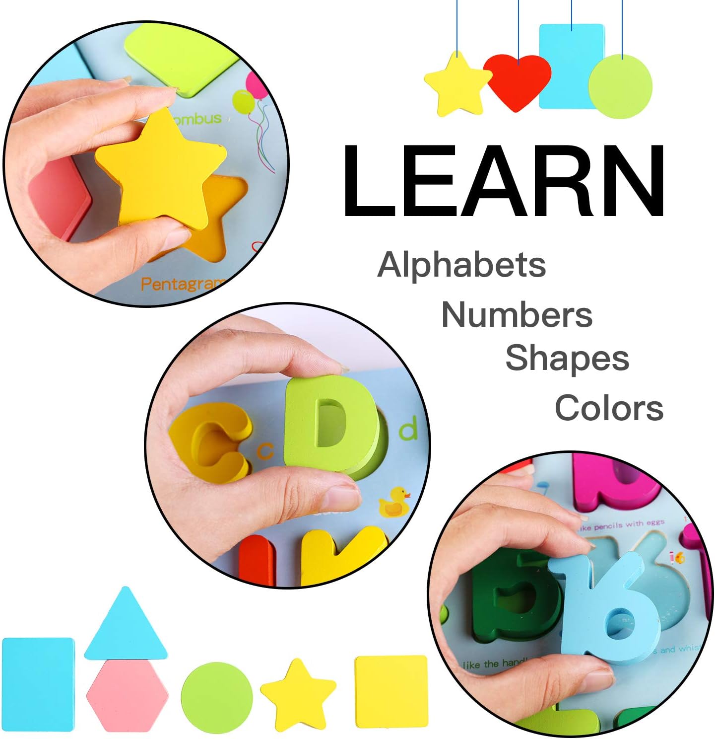 Wooden Puzzles for Toddlers, Kesletney Wooden Numbers Alphabet and Shape Puzzles Set Toddler Wood Learning Toys Preschool Education Puzzle Board Gifts for Kids Boys Girls Ages 3 + (Set of 3): Toys & Games
