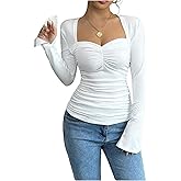 SweatyRocks Women's Long Sleeve Ruched Fitted Tops Square Neck Slim Fit Casual Tees Shirts