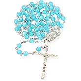 Nazareth Store Catholic Rosary Necklace Blue Cat Eye Stone Prayer Beads with Silver Crucifix 5 Decade Rosary for Daily Meditation or Gift