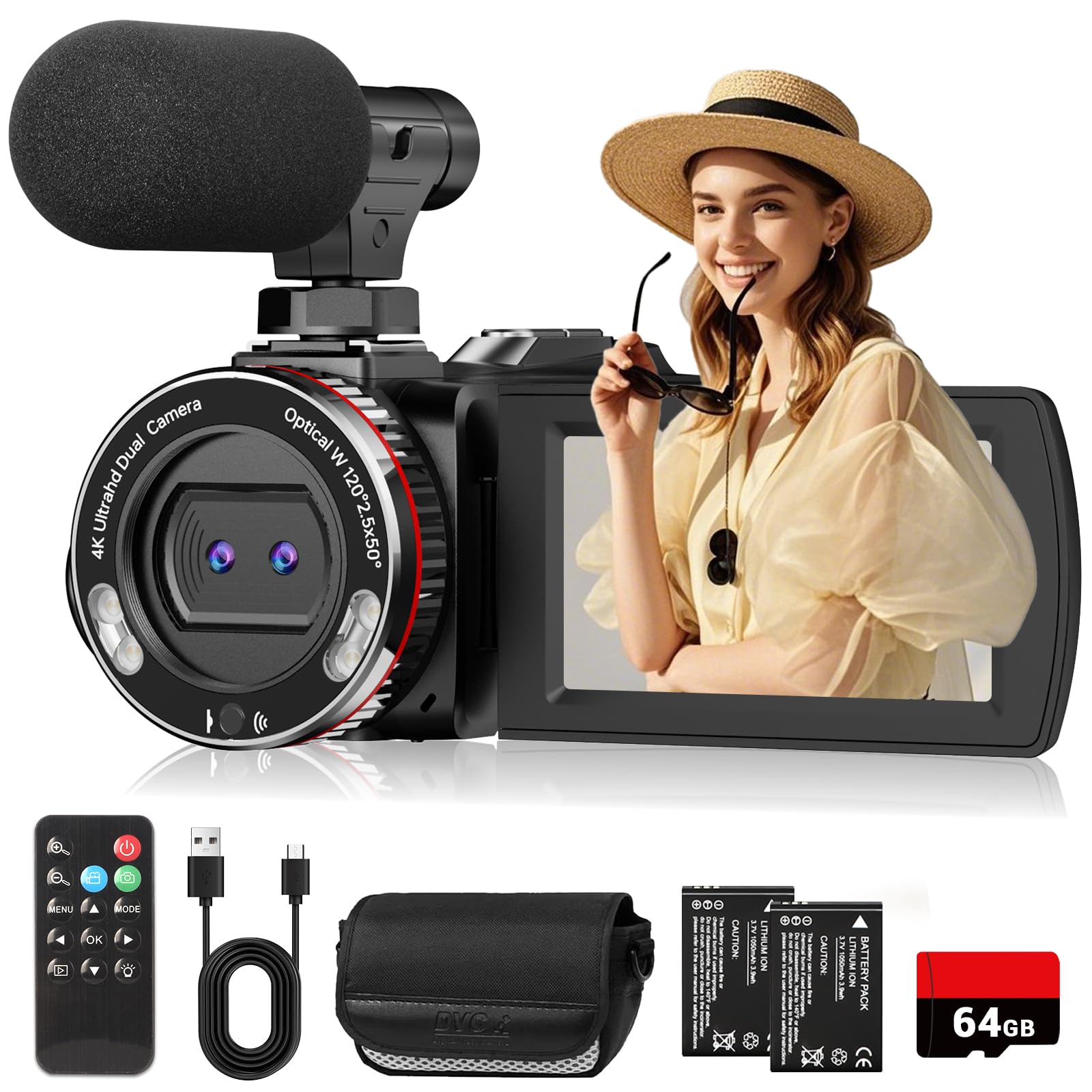 Photo 1 of 4K Video Camera Camcorder 60FPS, UHD 64MP Vlogging Dual Camera for TikTok YouTube, 21X Digital Zoom 3 Inch IPS Screen Video Recorder Camera with External Micphone, Remote, 2 Batteries, 64GB Card