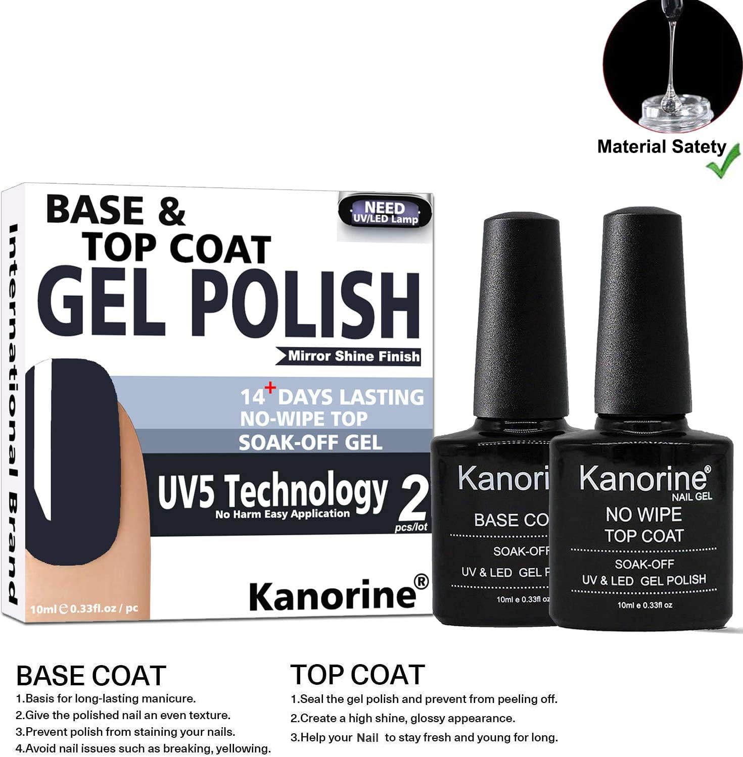 Kanorine No-Wipe Top and Base Coat Gel Nail Polish Set Soak-Off UV/LED Gel Nail Lacquer Long-Lasting Gloss and Shiny Finish- 2 x 10ml : Beauty