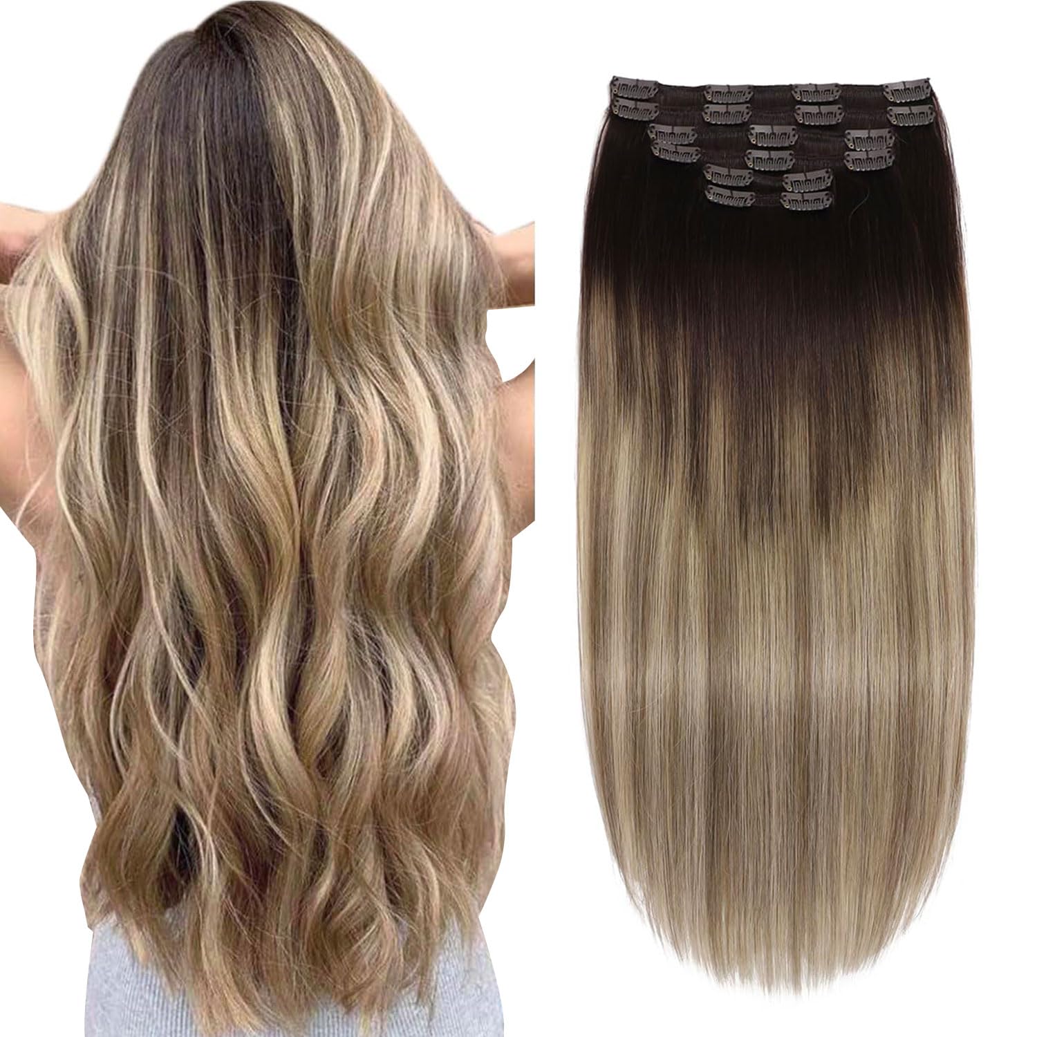 Clip in Hair Extensions Real Human Hair 14inch 100g 6Pcs Balayage Dark Brown to Chestnut Brown and Dirty Blonde Hair Extensions Straight Clip in Extensions #2/6/18 14inch