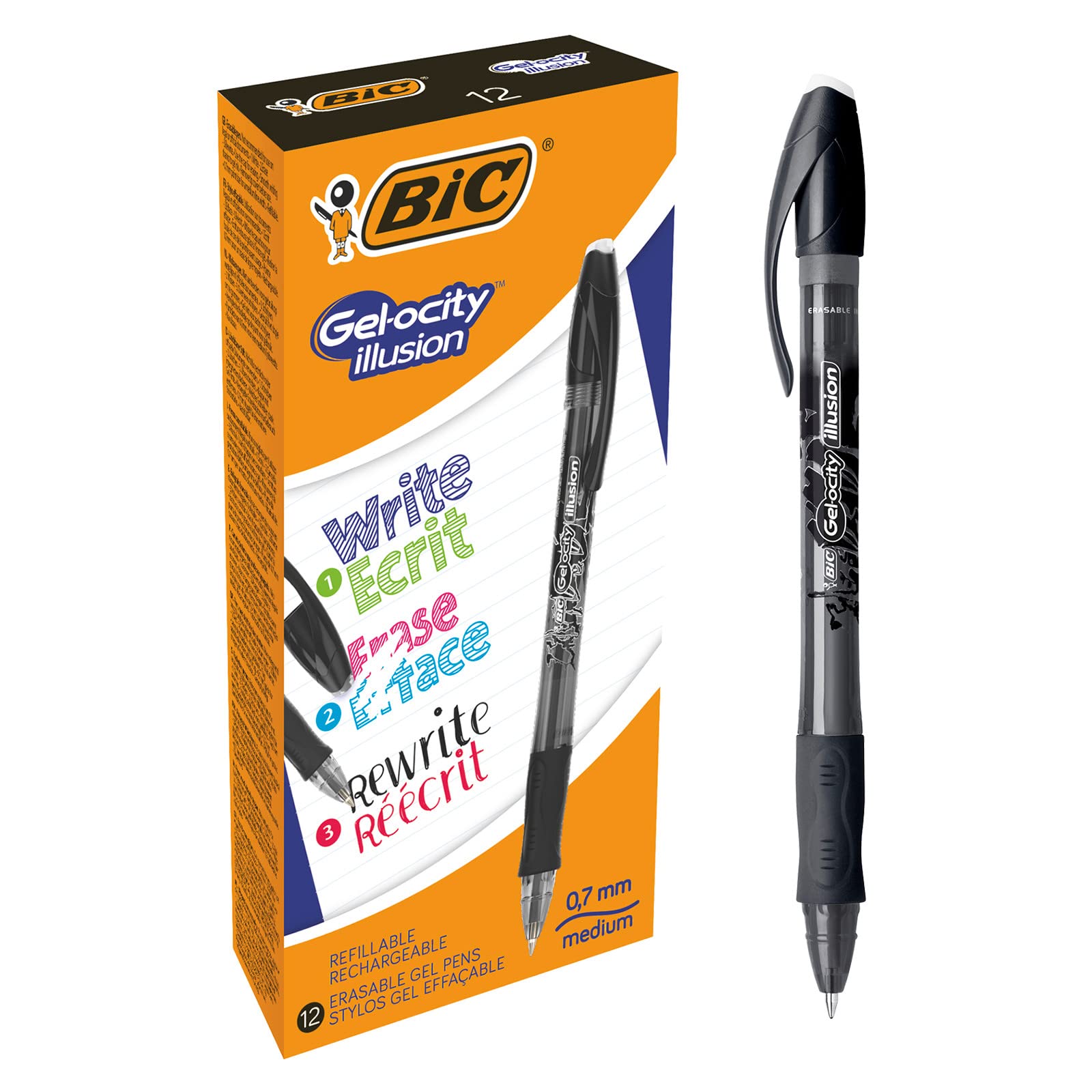 BIC 943441 0.7 mm Gel Ocity Illusion Gel Pen - Black (Pack of 12)