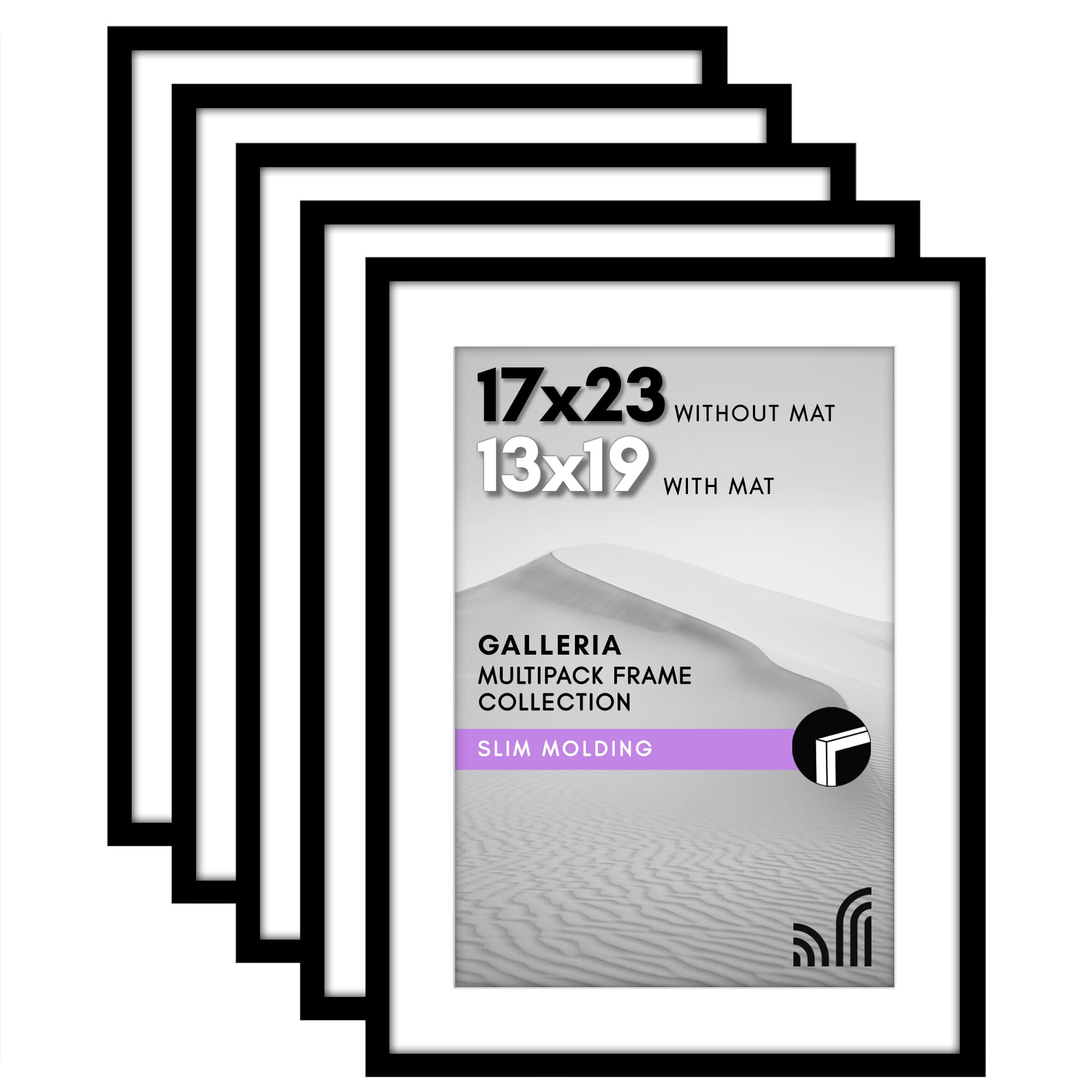 Americanflat 17x23 Picture Frame with Polished Plexiglass - Set of 5 - Use as 13x19 Frame with Mat or Display 17x23 Photo Without Mat - Galleria Collection - Picture Frames for Wall Display - Black Image