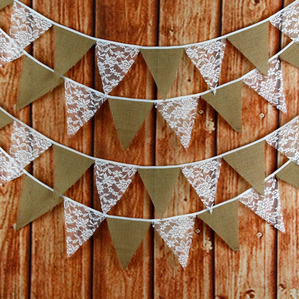 G2PLUS Hessian and Lace Bunting - 10M Rustic Wedding Bunting - 36PCS Vintage Lace Garland for Wedding Birthday Party Decoration