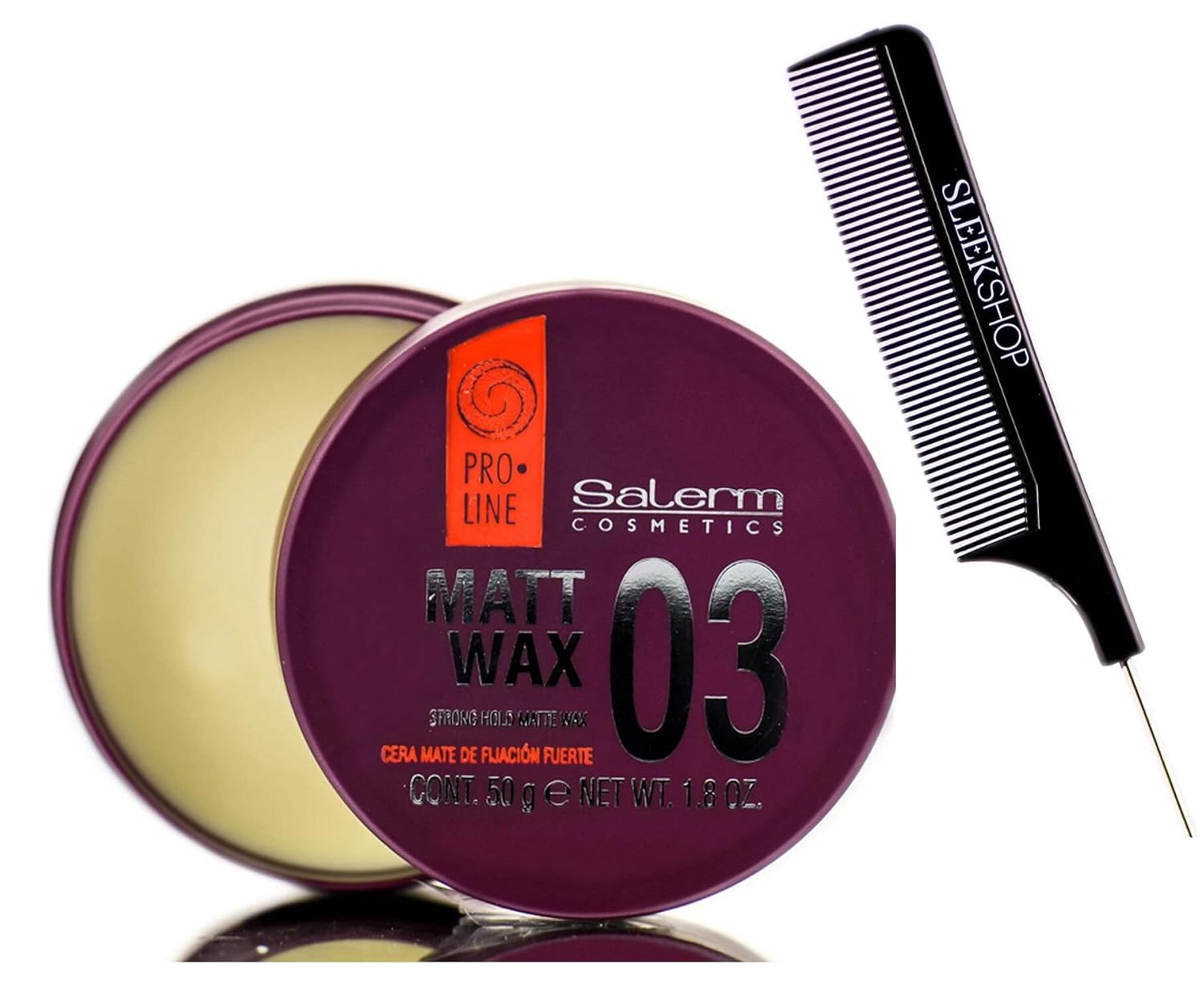 Salerm Cosmetics 03 Matt Wax Strong Hold (w/Sleek Steel Pin Tail Comb) Matte Hair Wax Paste Clay Gel (1.8 oz / 50 g size)