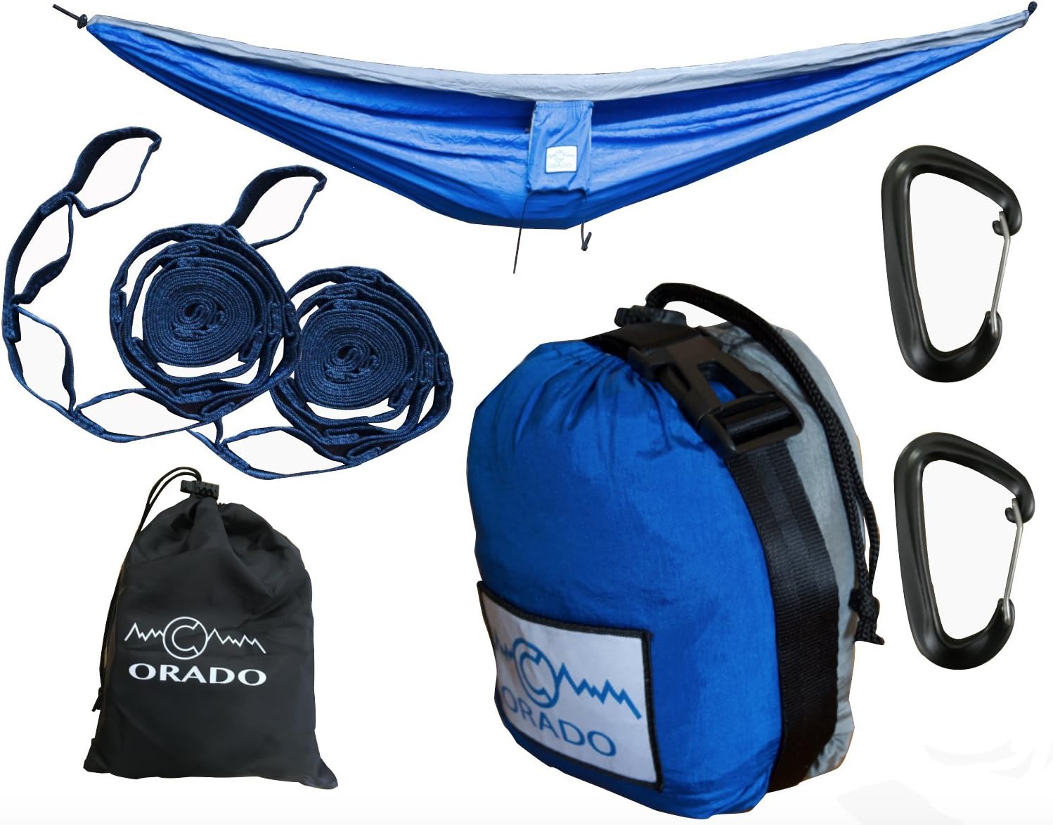 Amazon Com Best Double Camping Hammock Complete Hammock System By Orado Outdoor Products Includes Easy To Use Tree Straps Wiregate Carabiners And Attached Bag Portable Ultralight Blue Grey Sports Outdoors