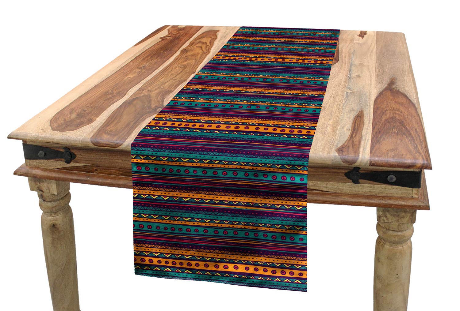 Ambesonne Tribal Table Runner, Striped Retro Pattern with Rich Mexican Color Folkloric Print, Dining Room Kitchen Rectangular Runner, 16" X 72", Teal Plum