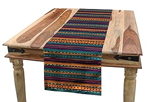 Ambesonne Tribal Table Runner, Striped Retro Pattern with Rich Mexican Color Folkloric Print, Dining Room Kitchen Rectangular Runner, 16" X 72", Teal Plum
