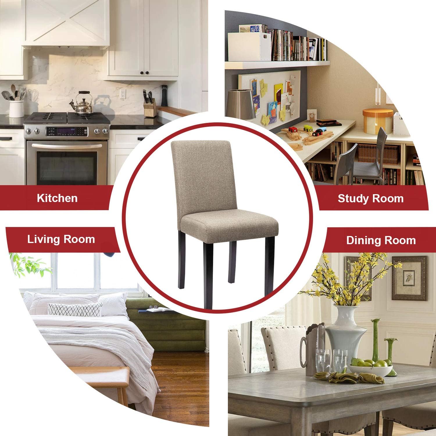 Furniwell Dining Chairs Fabric Upholstered Parson Urban Style Kitchen Side Padded Chair with Solid Wood Legs Set of 4 (Beige) - Chairs