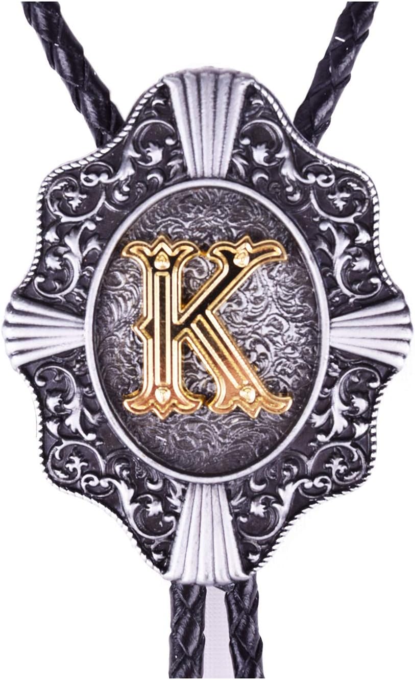 Golden Initial A to Z in Flower Nursery Cowboy Bolo Tie with Cowhide Rope