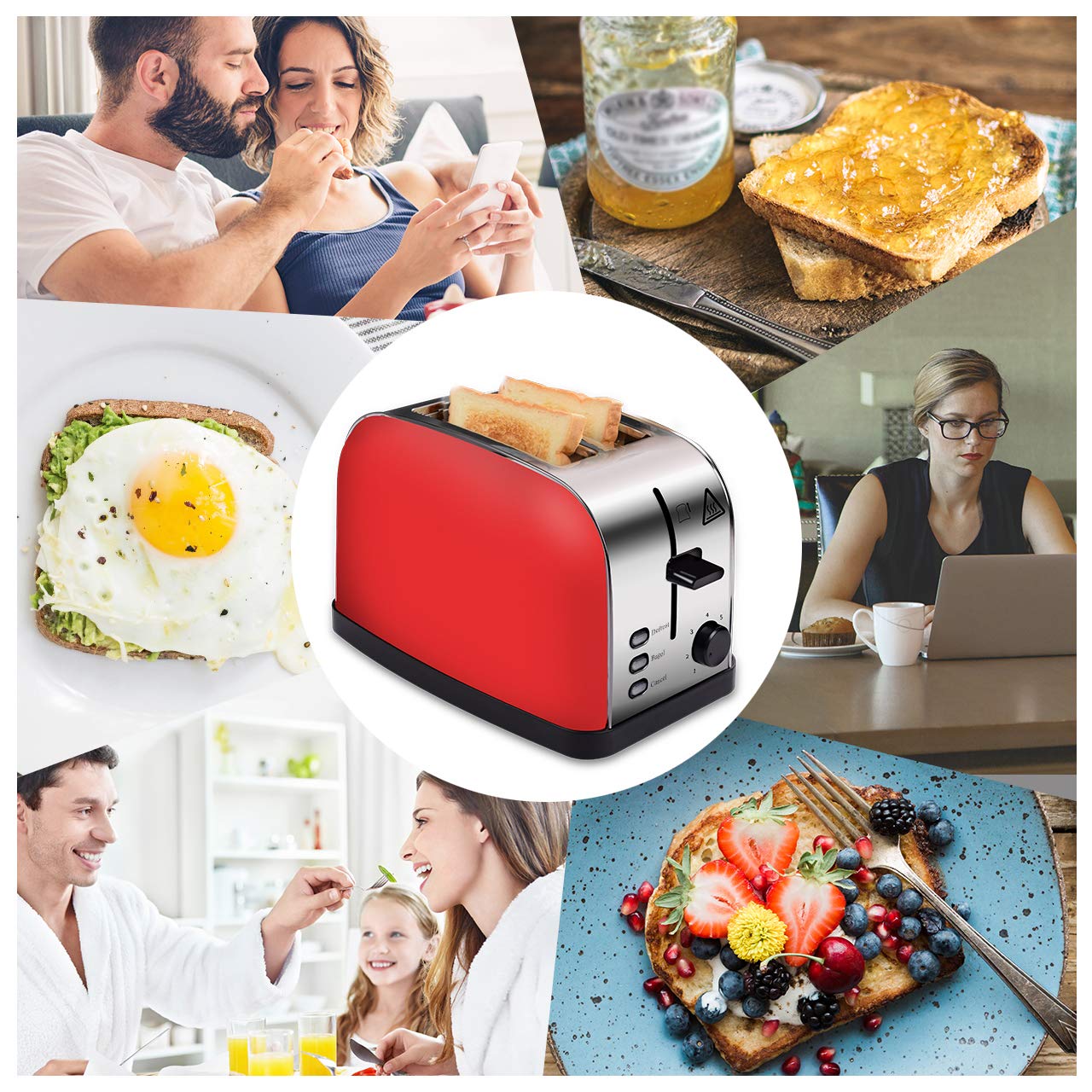 COSSCCI Red Toaster 2 Slice Brushed Stainless Steel Toaster with Wide Slots,Removable Crumb Tray,High Lift Lever, Reheat Defrost and 7 Shade Setting