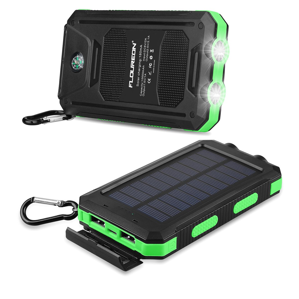 FLOUREON 10000mAh Power Bank with Solar Charging Portable Mobile Phone Charger Dual 2.1A USB Output Waterproof External Battery Replacement for iPhone iPad Samsung Galaxy Android