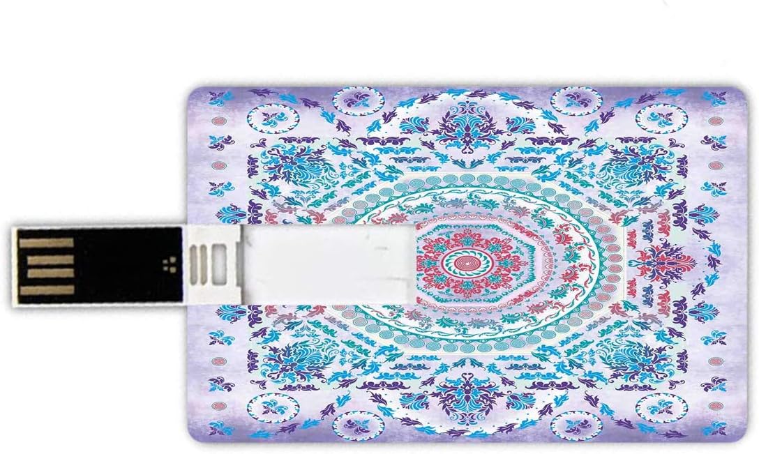 32GB USB Flash Drives Credit Card Shape Mandala Memory Stick Bank Card Style Medallion Design Floral Patterns and Leaves Boho Hippie Style Prints,Turquoise Pink and Purple Waterproof Pen Thumb Lovely