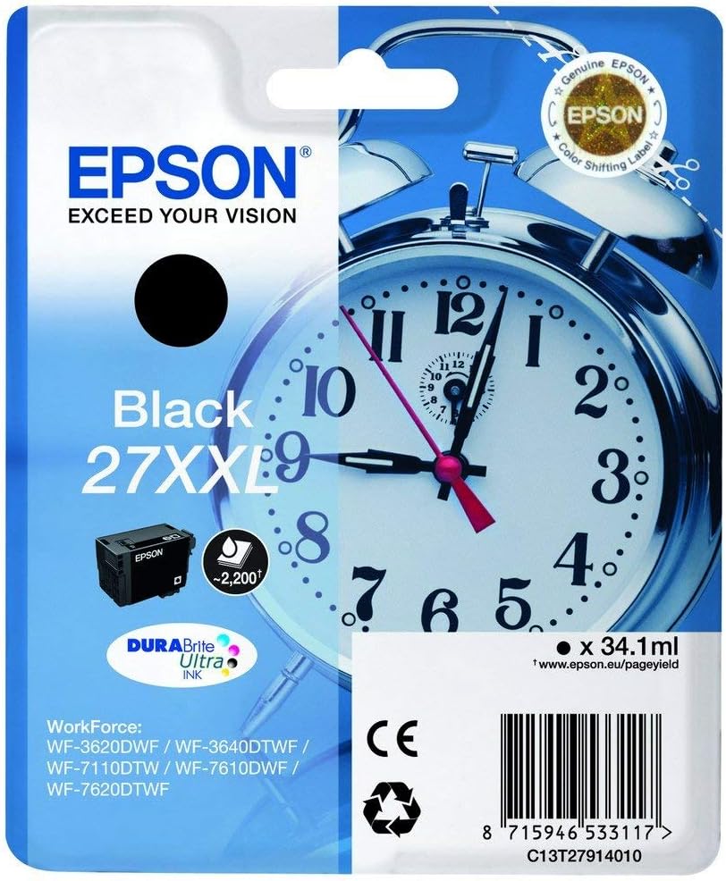 Epson 27XXL Black Alarm Clock Extra High Yield Genuine, DuraBrite Ultra Ink Cartridge, IND Black, XXL High Capacity