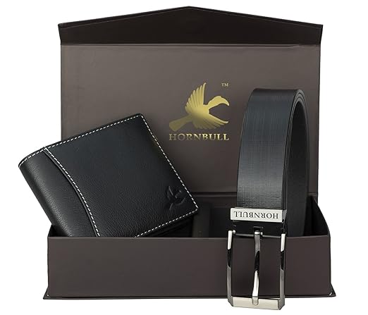 HORNBULL Mens Leather Black Wallet and Belt Combo - BW10496