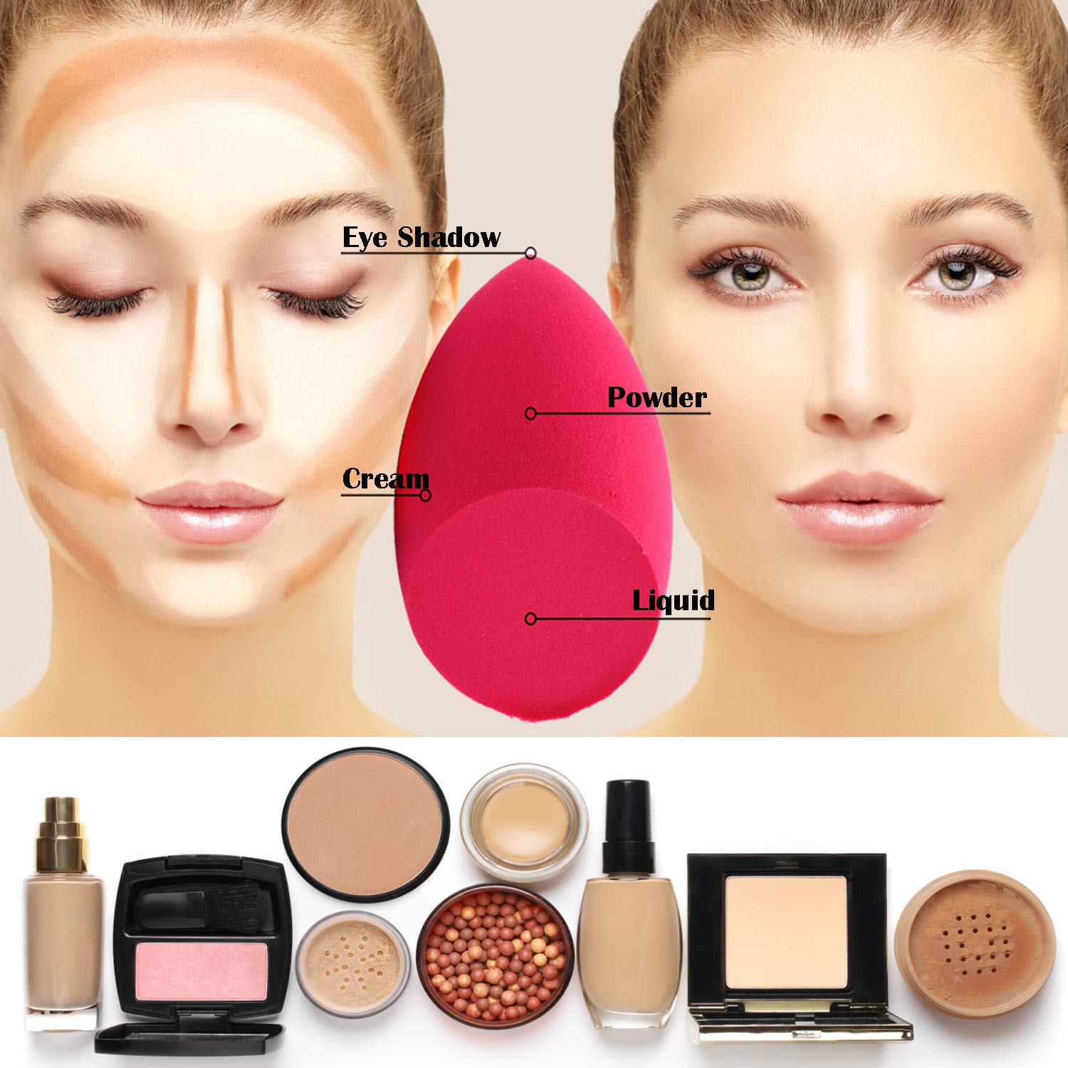 Classic 6 Beauty Makeup Sponge Blender Large Egg-Shape & Olive-Cut + 1 Brush Set, Soft Latex-Free Sensitive Skin Friendly, Wet+Dry Use Multifunctional Liquid+Powder+Cream Cosmetic Applicator Puff Pack