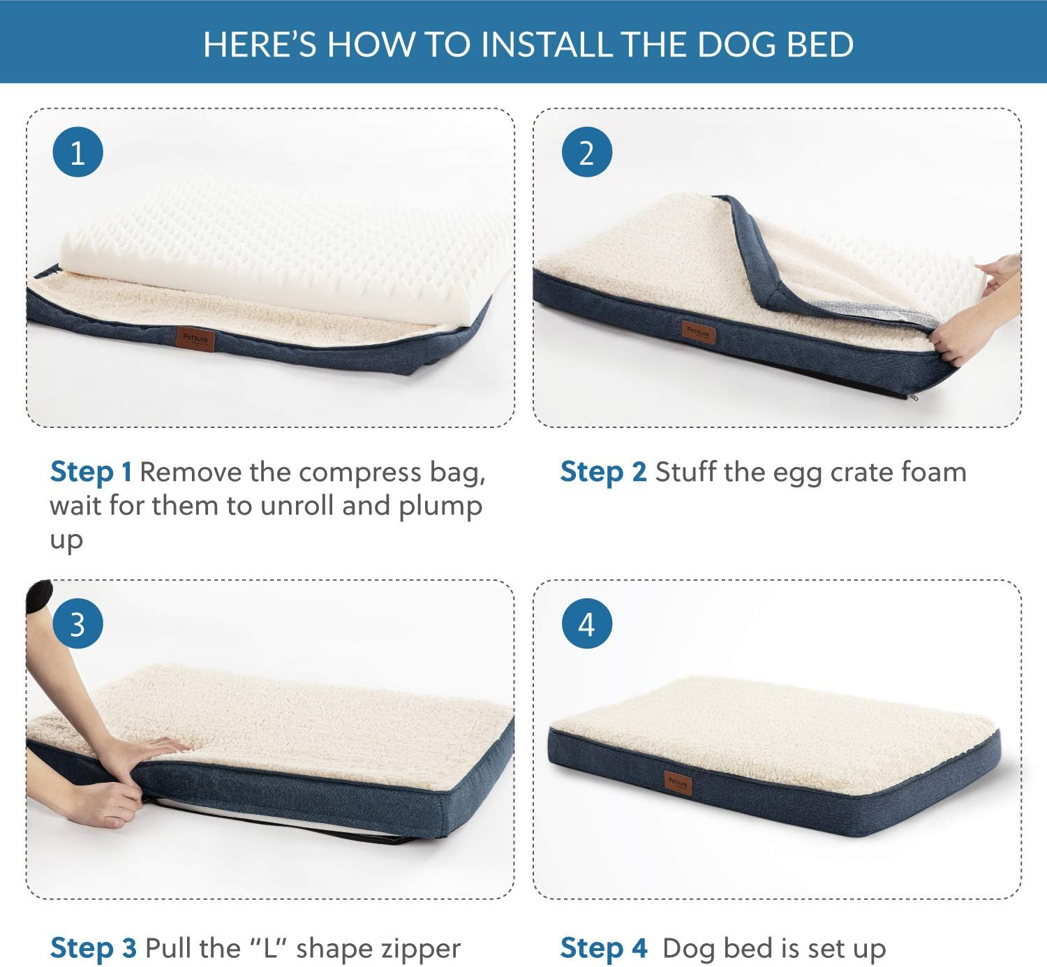 Bedsure Large Dog Bed for Small, Medium, Large Dogs/Cats Up to 75 lbs - Orthopedic Egg-Crate Foam with Removable Washable Cover - Water-Resistant Pet Mat for Crate, Denim Blue : Pet Supplies