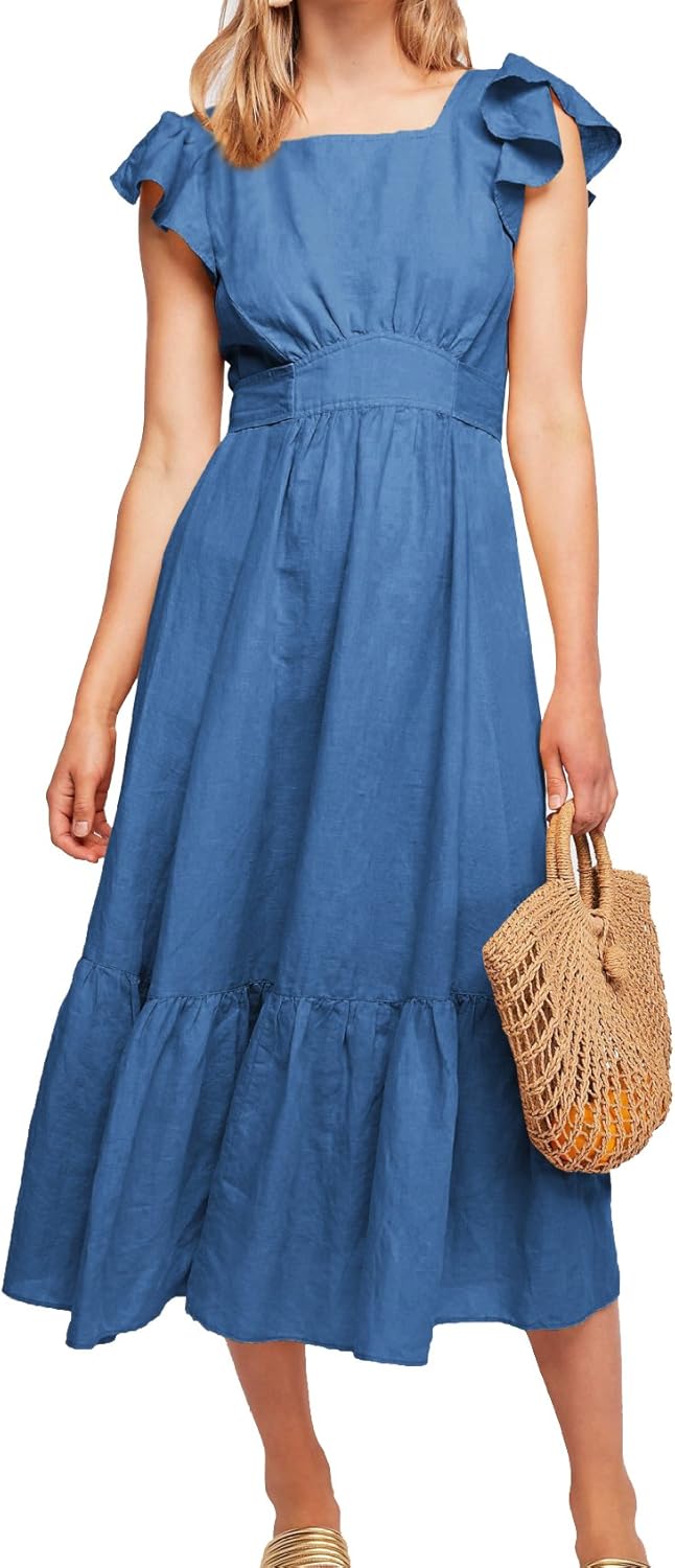 R.Vivimos Women Summer Dress Cotton Backless Cute Ruffles A Line Long