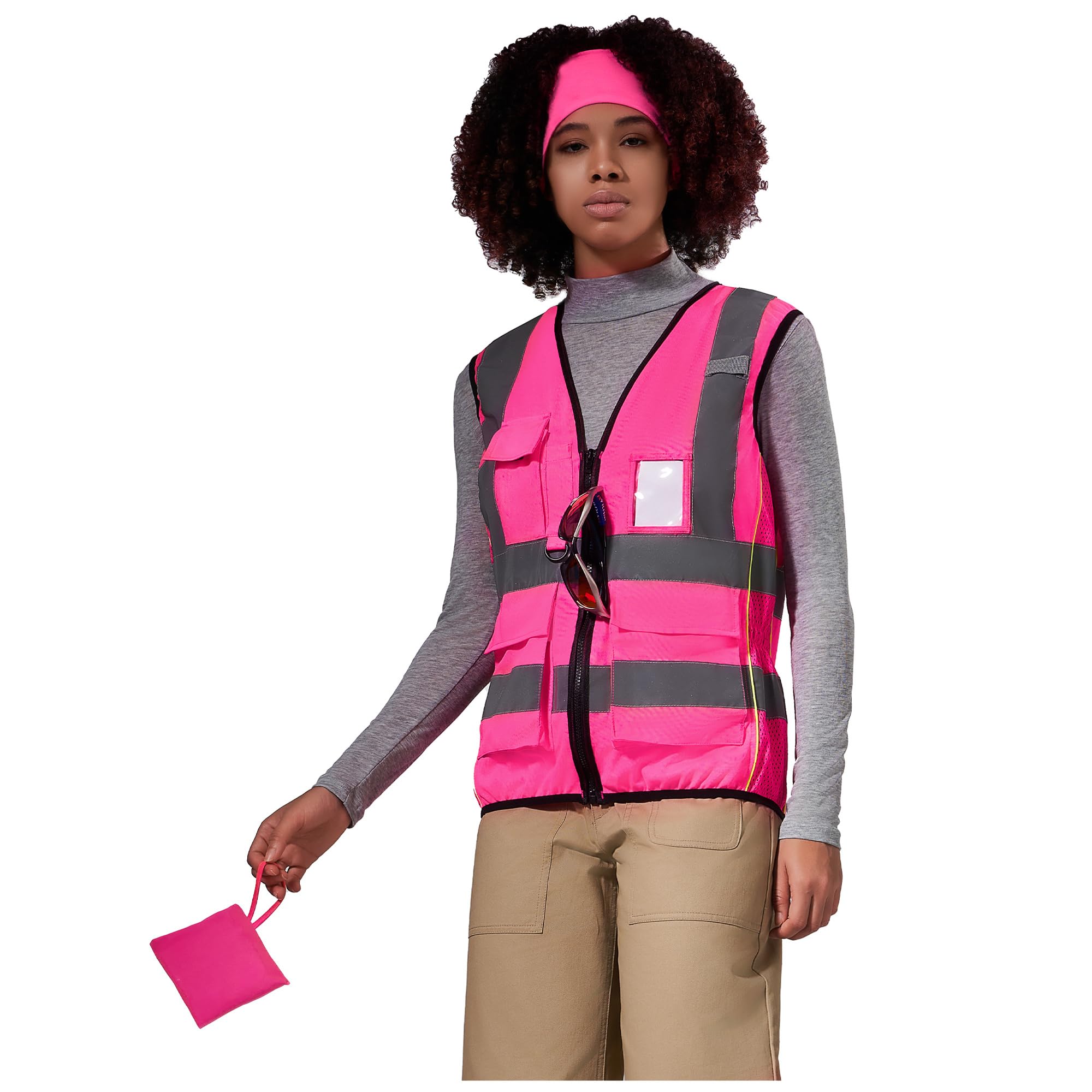 AYKRM Pink Women Hi Vis Vests Pink High Visibility Reflective Safety Security Vest with Pockets zipper