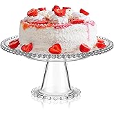 Wenqik 8 Inch Beaded Glass Cake Stand Vintage Clear Cake Stand Cakes Serving Platters Footed Dessert Plate Display Desserts Holder Fruit Serving Tray Display Accessories for Wedding Party Supplies