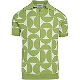 OXKNIT Men's Knitted Retro Poloshirt, 1960s Mod Style Vintage Pattern Short Sleeve Shirt V-Neck Green