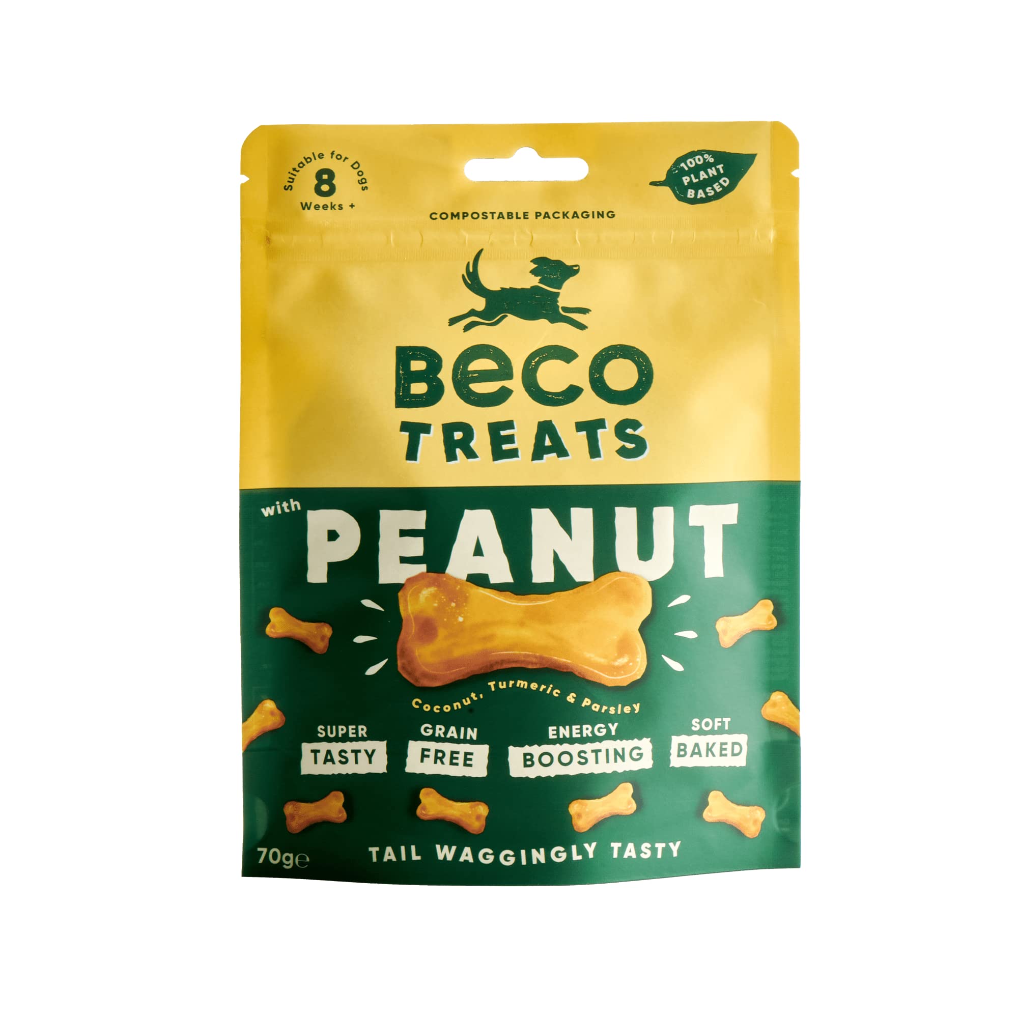 Beco Dog Treats - 70g x 10 Packs, Peanut with Coconut, Turmeric & Parsley, High Protein, Low Calorie, Plant-Based
