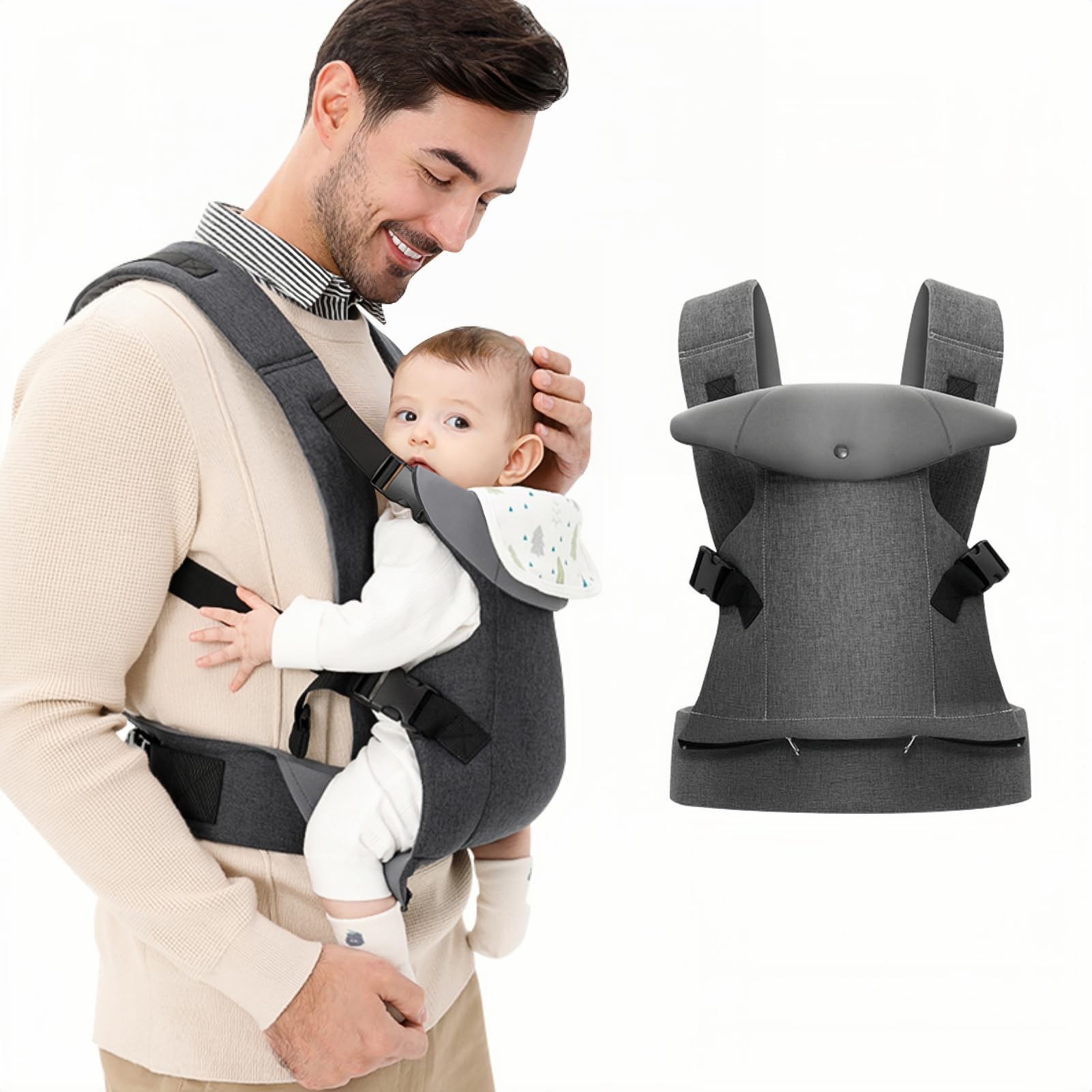 IULONEE Baby Carrier for Newborn Ergonomic Carrier with Detachable Bibs Front & Back Carry Baby Holder Carriers for Toddlers 3-36 Months (3-15kg) Grey
