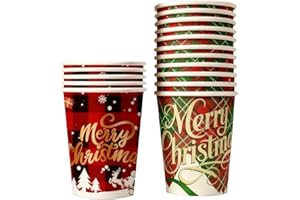 Christmas Paper Cups 9oz Red Black and Red Green Plaid Design with Gold Lettering Disposable Holiday Drinking Cups for Xmas D