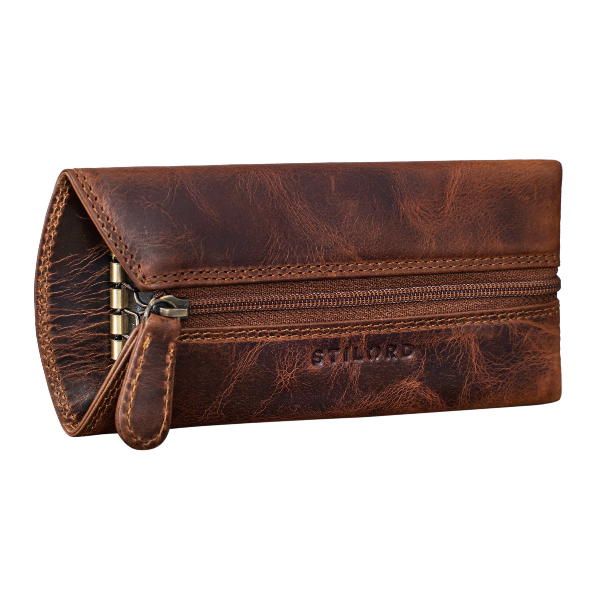 STILORD "Janne" Key Pouch Leather Vintage Key Case Holder with Ring Slim Coin Purse Money Pouch with RFID Blocker Colour:Kara - Cognac