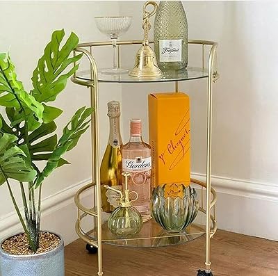 spot on dealz Drinks Trolley Kitchen Island Gold Glass Shelves Four Castors