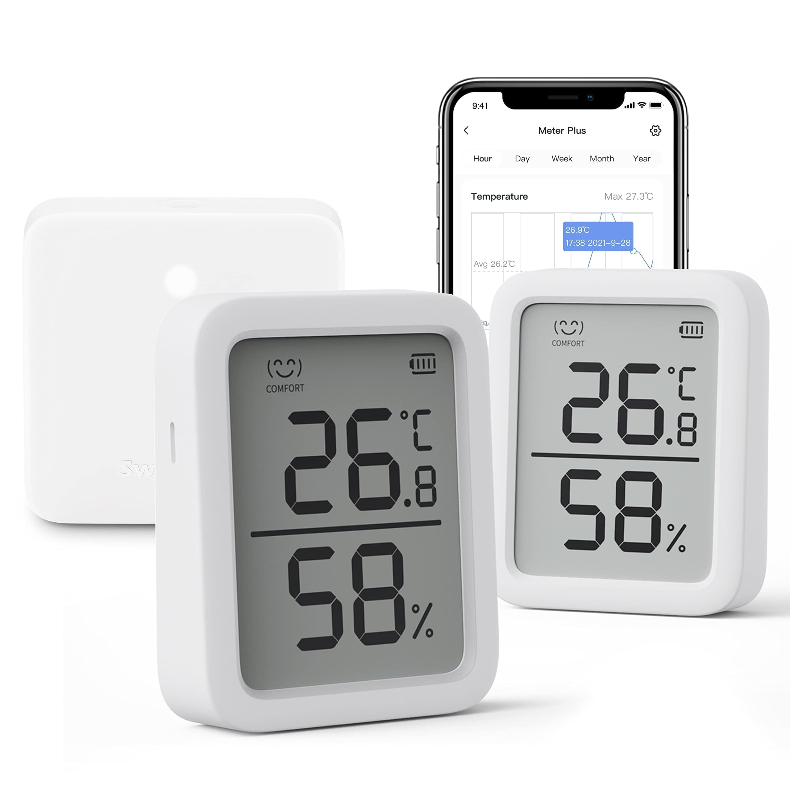SwitchBot Indoor Thermometer Hygrometer 3 Pack, Indoor Temperature Humidity Sensor with Smart Alert & 68-Day Data Storage, 3In Bluetooth Room Thermometer (Meter Plus 2+ Hub Mini)