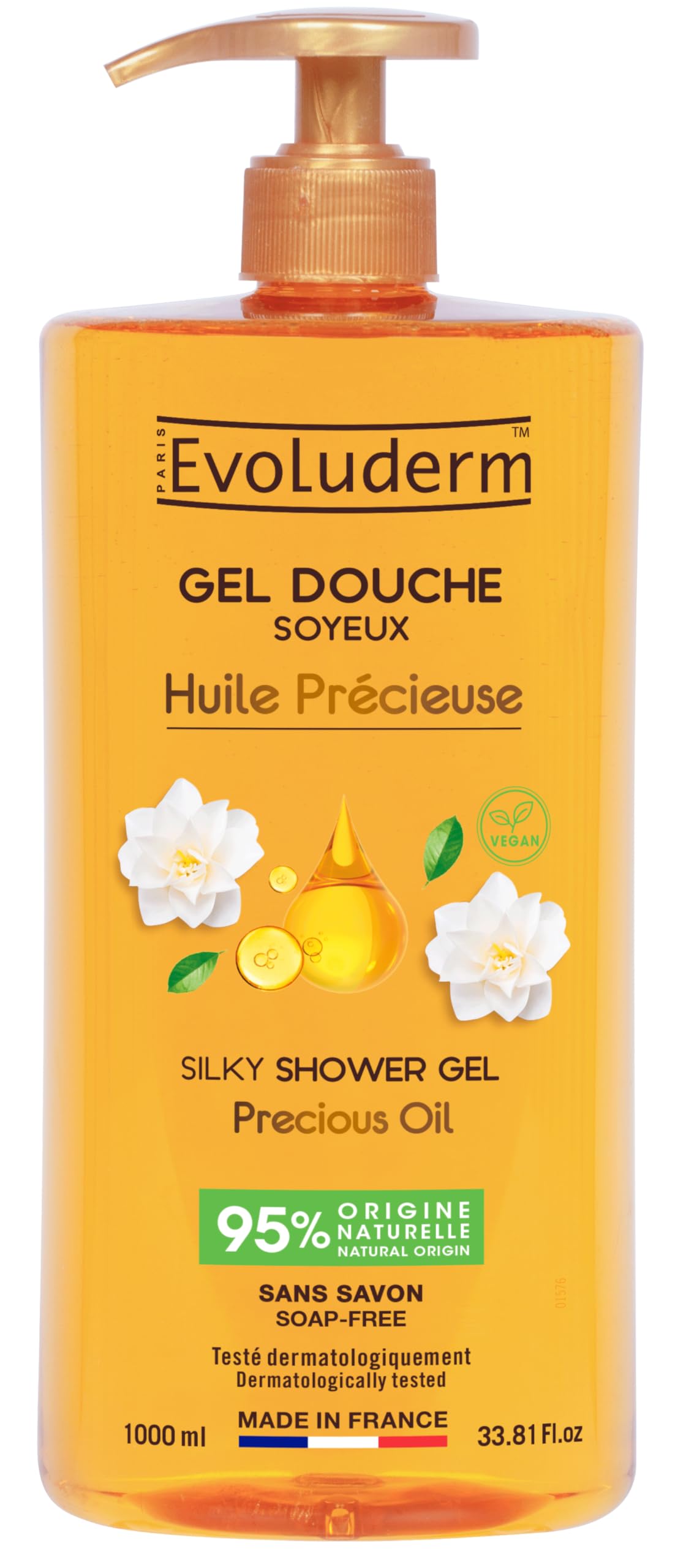 EVOLUDERM - Silky Shower Gel Precious Oil - 1000ml - 96% Natural Origin - Vegan - Made in France