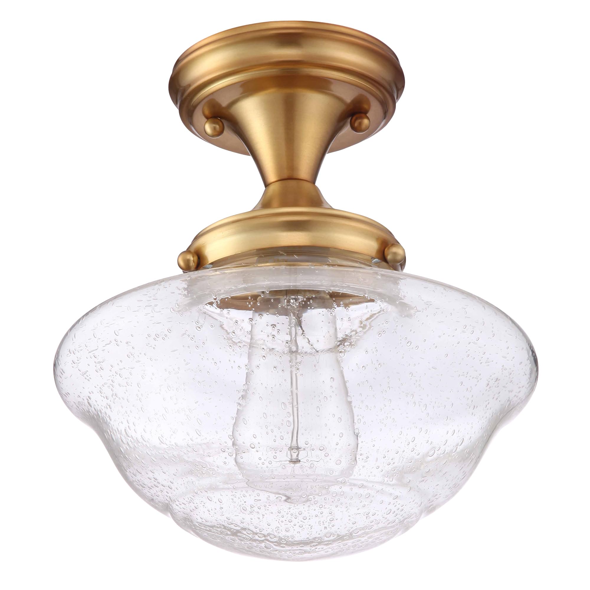 Design House Vintage-Inspired Schoolhouse Semi-Flush Mount Ceiling Light, 9 in x 9 in x 10 in, Satin Gold, Clear Seeded Glass Shade, 588491 Image Design House Vintage-Inspired Schoolhouse Semi-Flush Mount Ceiling Light, 9 in x 9 in x 10 in, Satin Gold, Clear Seeded Glass Shade, 588491 Image