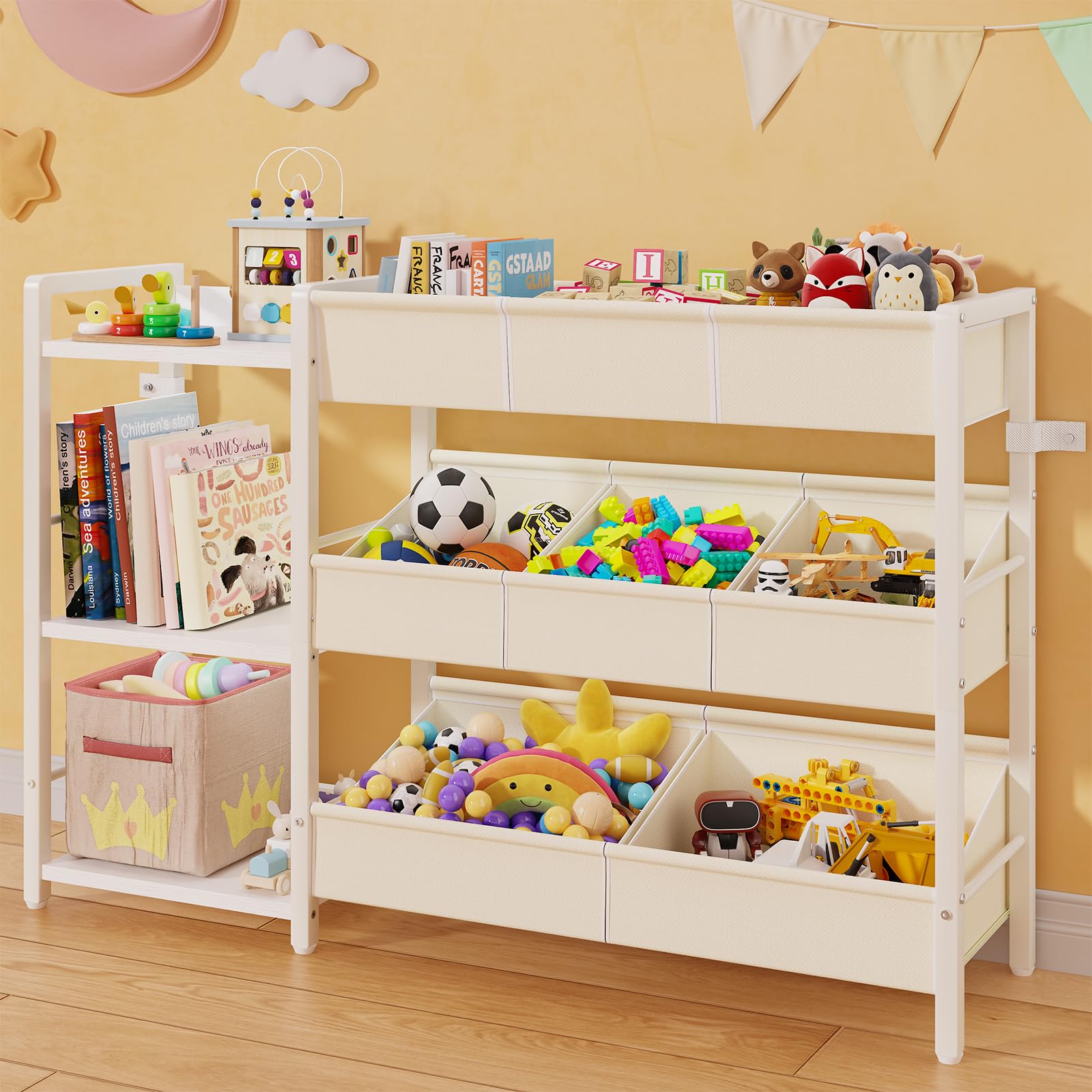 Photo 1 of CYXPHION B7 Toy Storage Organizer with 3-Tier Wooden Shelves and 8 Bins, Toy Chest Storage, Toy Shelf Organizer, Kids Bookshelf and Toy Storage for Kids Room, Bedroom, Playroom, Nursery, White