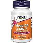NOW Foods Supplements, Mega D-3 & MK-7 with Vitamins D-3 & K-2, 5,000 IU/180 mcg, Bone & Cardiovascular Support*, 60 Veg Capsules