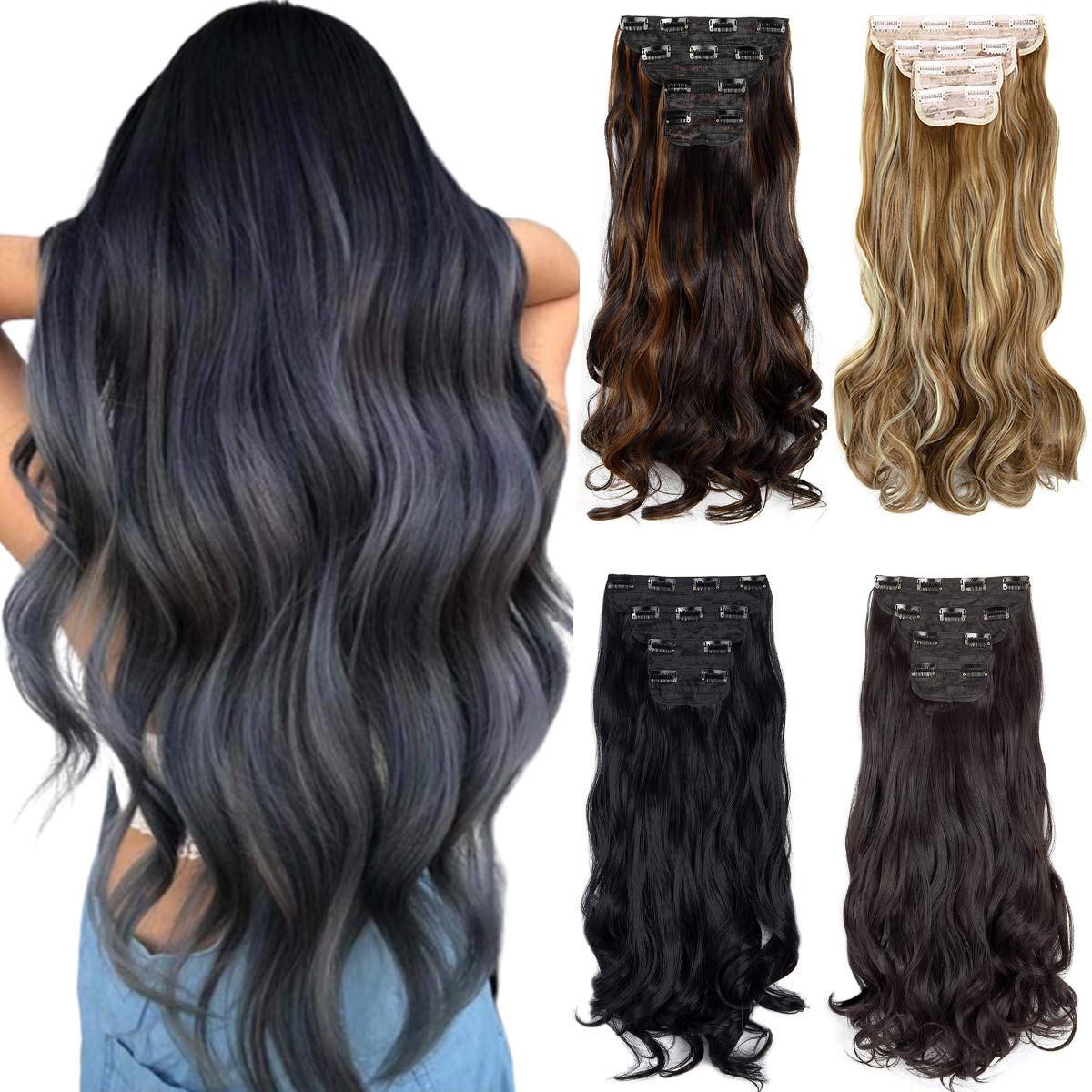 DODOING Clip in Hair Extensions 4Pcs 11Clips Curly Wavy Thick Full Head Double Weft Clip on Synthetic Hair Extension Wavy Hairpieces for Women Ash Blonde Mix Bleach Blonde 18"