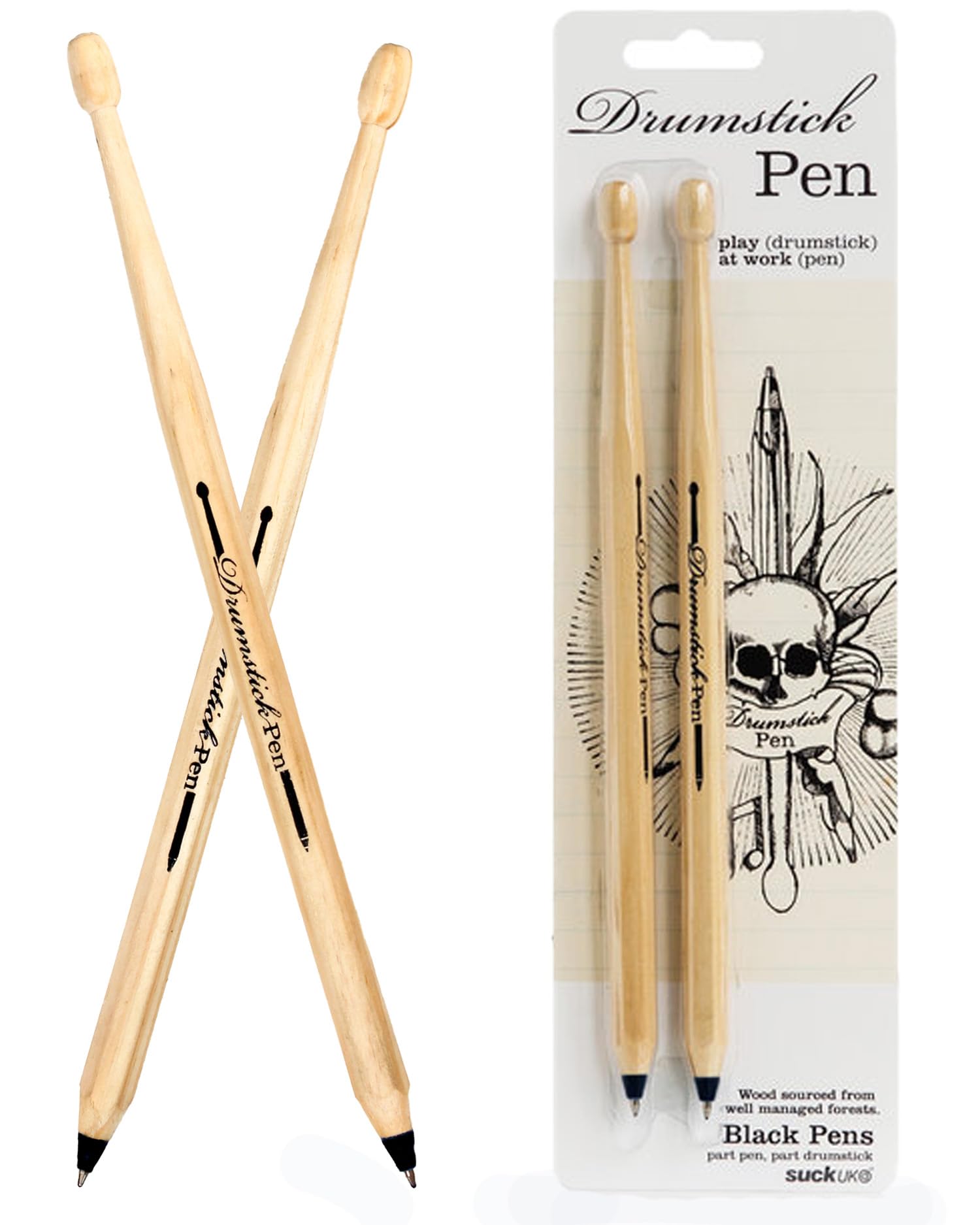 Suck UK Drumstick Pen | Drummer Gifts for Men | Gifts For Drummers | Drum Accessories | Wooden Drumstick Shaped Pen | Music Stationery Supplies | Cool Drum Kit Ballpoint Pens - Set of 2 Black